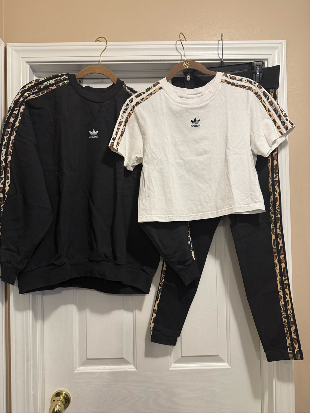 adidas Black & White Crop Tee, Sweatshirt and Track Pants Set with Leopard Trim